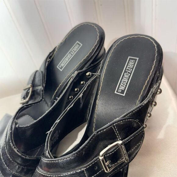 Harley-Davidson Black Wedge Slide Sandals 8.5M Studded Buckle Platform Biker Y2K - Picture 8 of 10